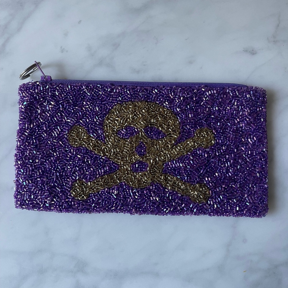 Moyna purple Skull and Crossbones Beaded Clutch